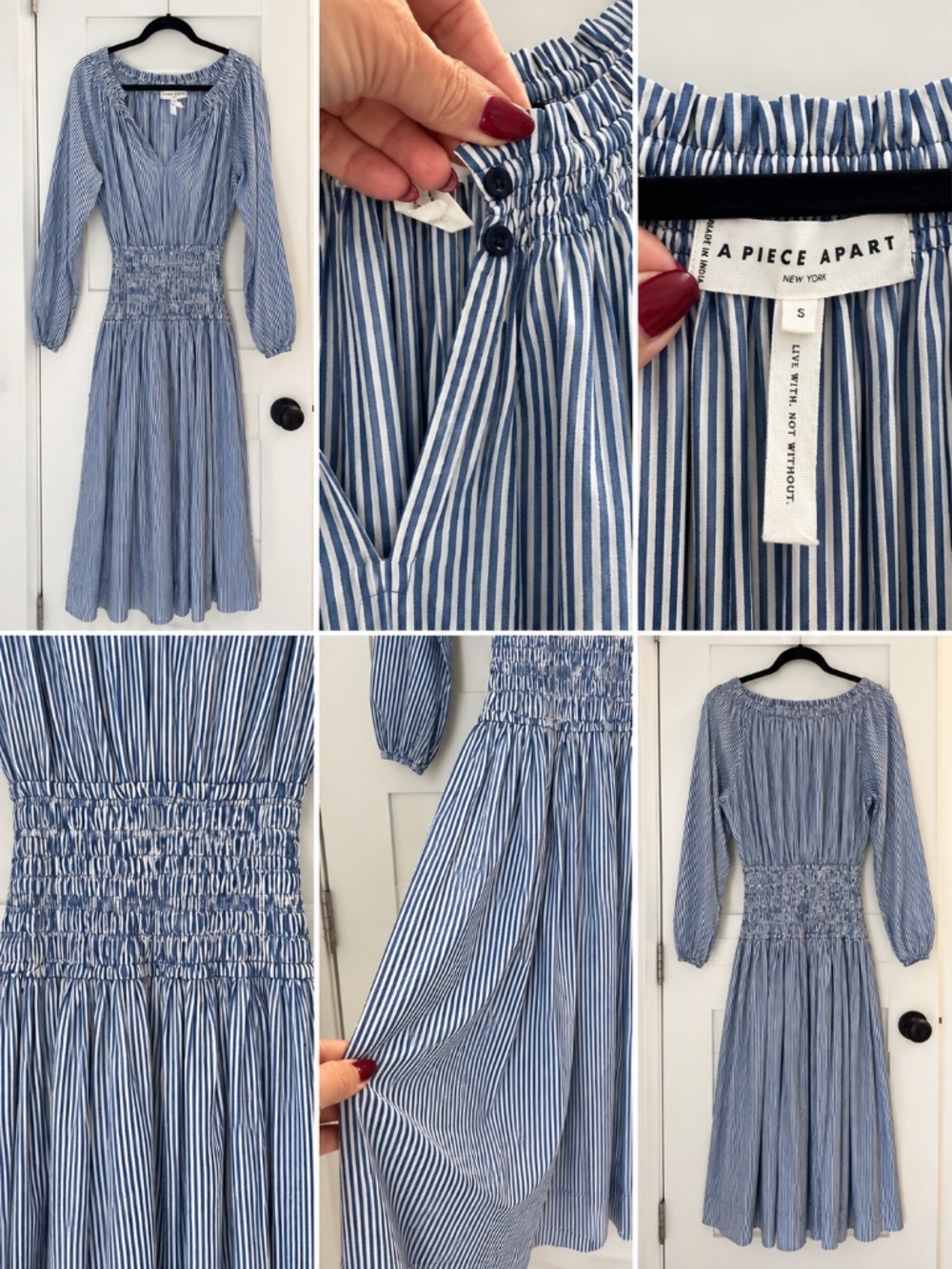 A PIECE APART Blue White Striped Smocked Waist Midi Maxi Dress S